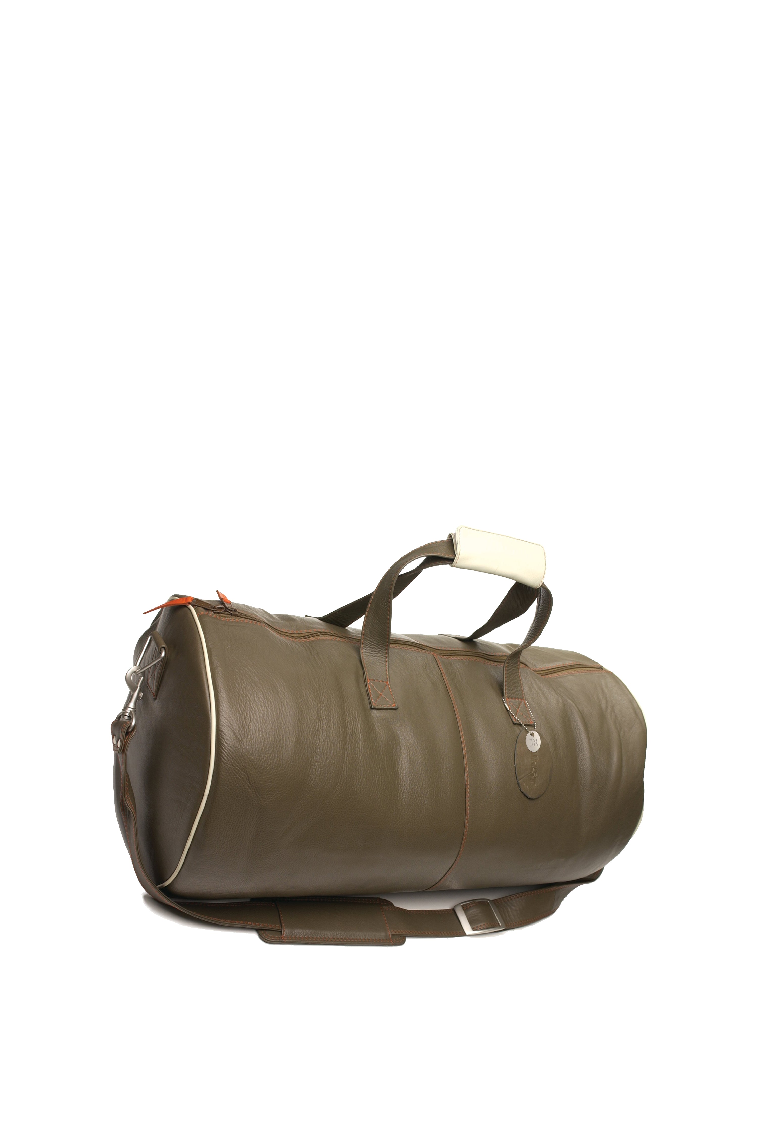  Pebbled soft leather round duffel bag, removable shoulder strap, handles. Olive with cream & orange accents. Upcycled Sustainable