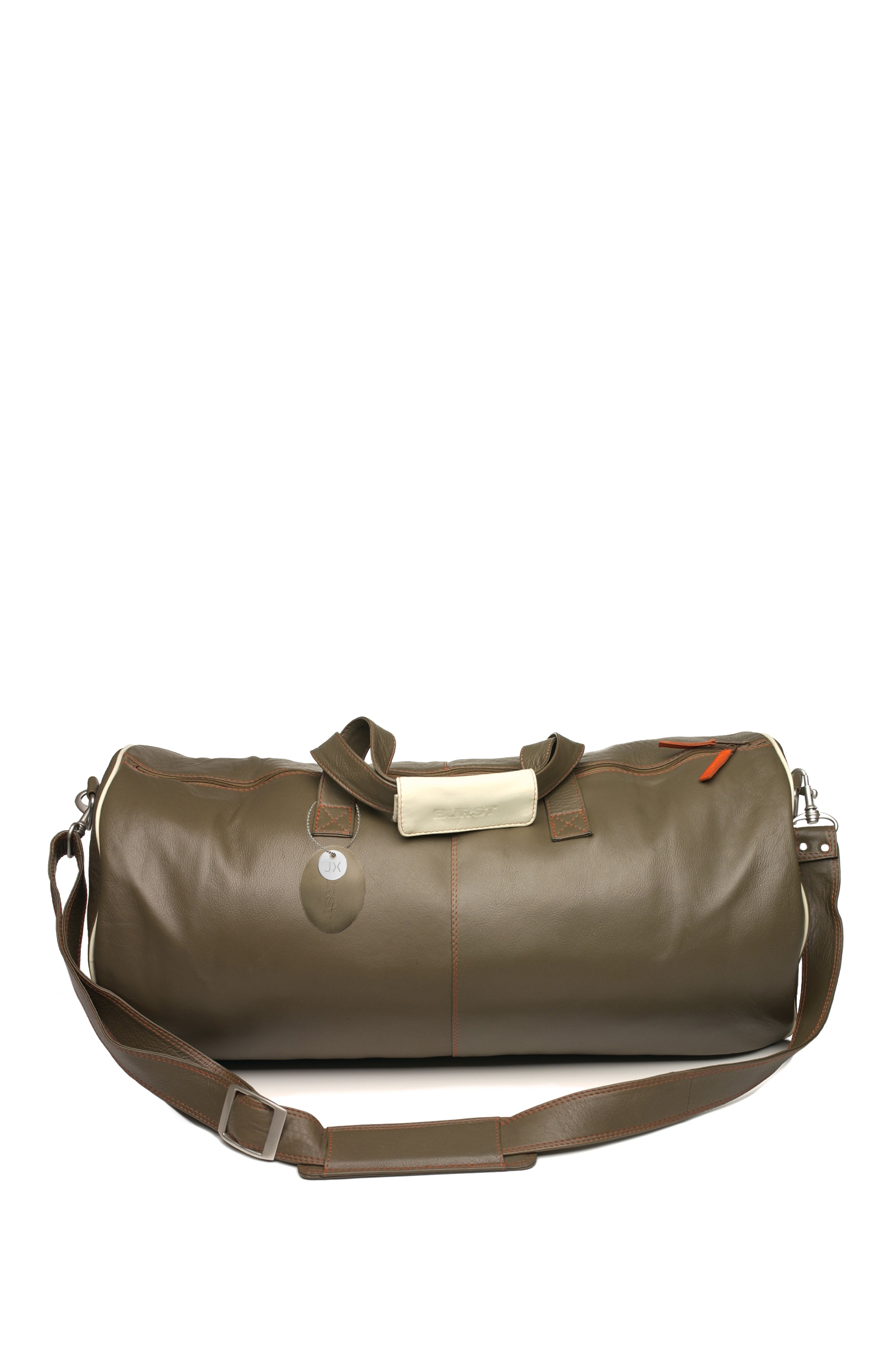  Pebbled soft leather round duffel bag, removable shoulder strap, handles. Olive with cream & orange accents. Upcycled Sustainable