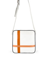Square medium cross body bag, white coil zip closure, all white lightly distressed leather with two toned orange silkscreen off-center cross, black piping. Silver buckle on adjustable cross body strap. Upcycled, circular, sustainable. Front view.