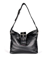 Black leather handbag with a buckle detail on a white background