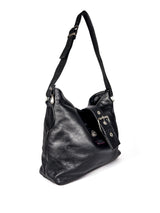3/4 view b of a black leather handbag with a shoulder strap on a white background