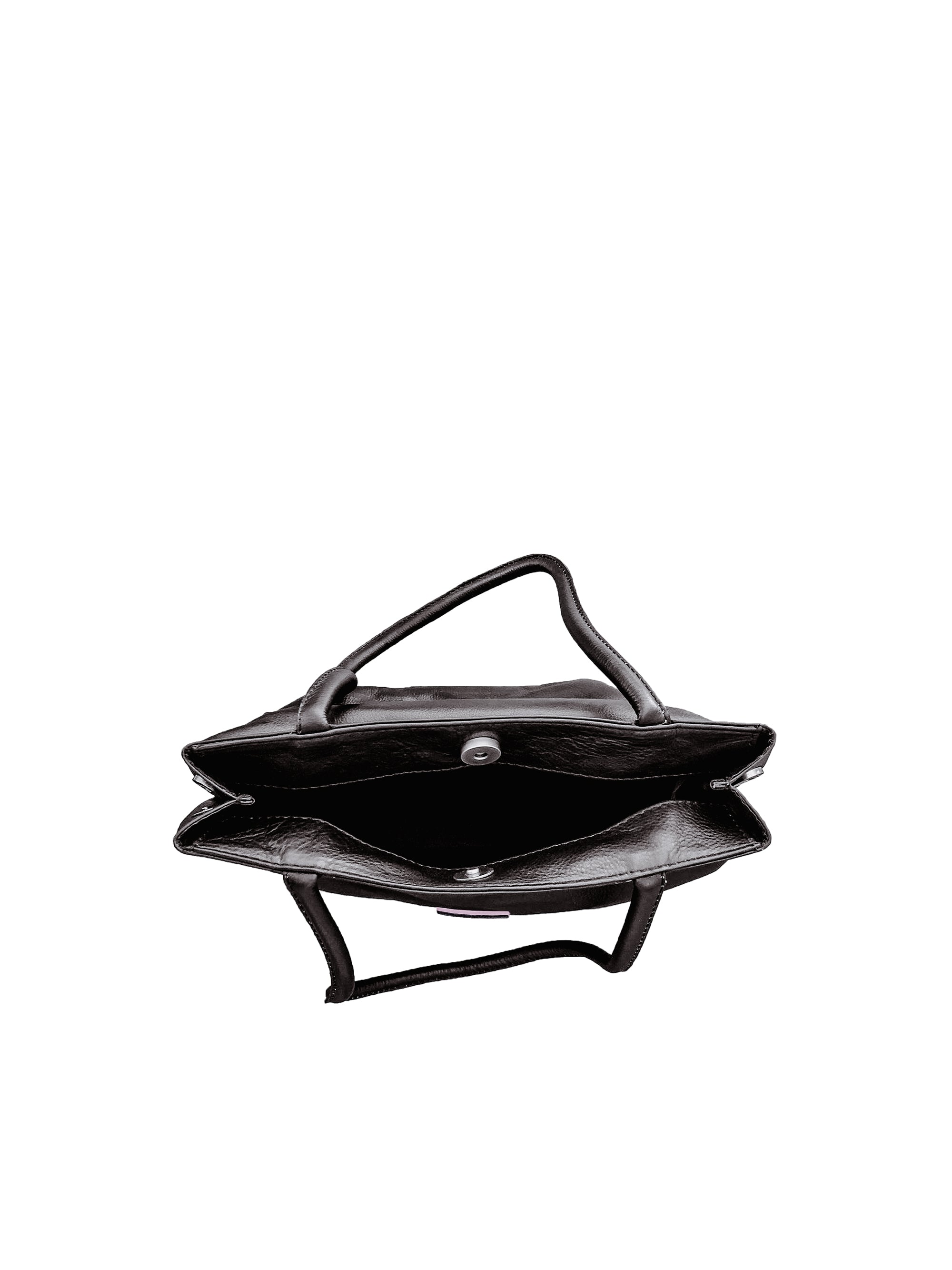 Black leather medium sized handbag, with tapered top. Inlaid white leather accent stripe on front panel. Magnet depth expansion. Chic padded pipe shoulder straps. Upcycled, circular, sustainable. Top view.