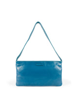 Small slim blue leather handbag. Elegant pale yellow satin lining and contrast stitch accent. Sunken zipper closure. Front view. Upcycled, circular, sustainable.