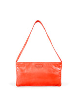 Small slim vivid orange leather handbag. Playful pale orange satin lining and contrast stitch accent. Sunken zipper closure. Front view. Upcycled, circular, sustainable.