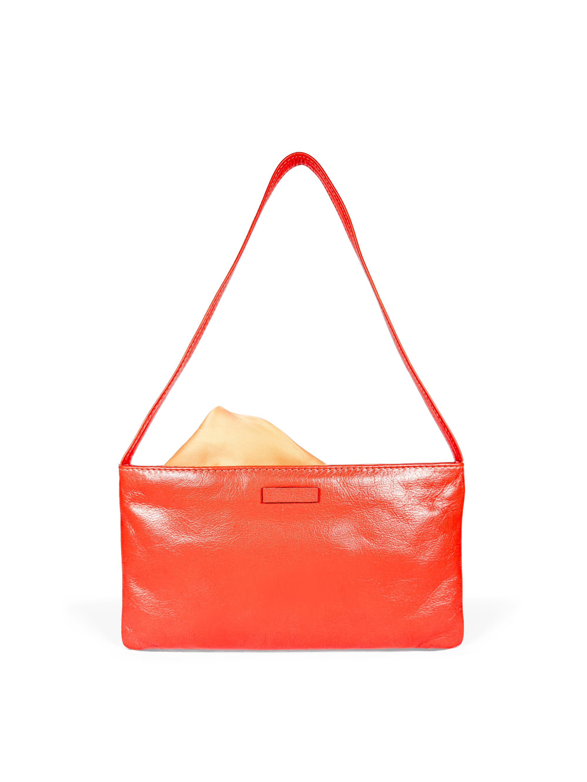 Small slim vivid orange leather handbag. Playful pale orange satin lining and contrast stitch accent. Sunken zipper closure. Lining view. Upcycled, circular, sustainable.