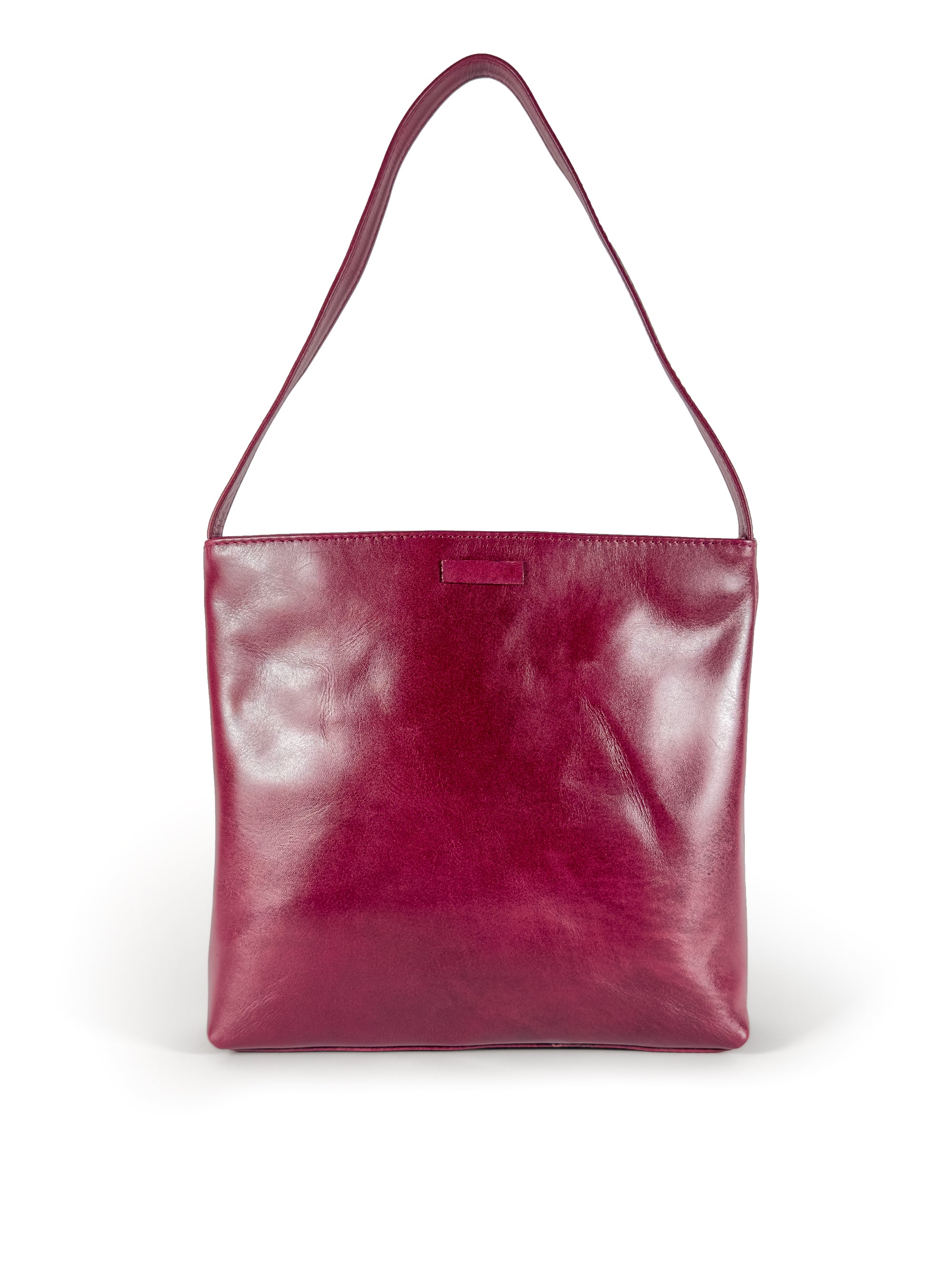 Medium polished burgundy leather handbag. Elegant muted pink satin lining. Sunken zipper closure. Front view 1. Upcycled, circular, sustainable.