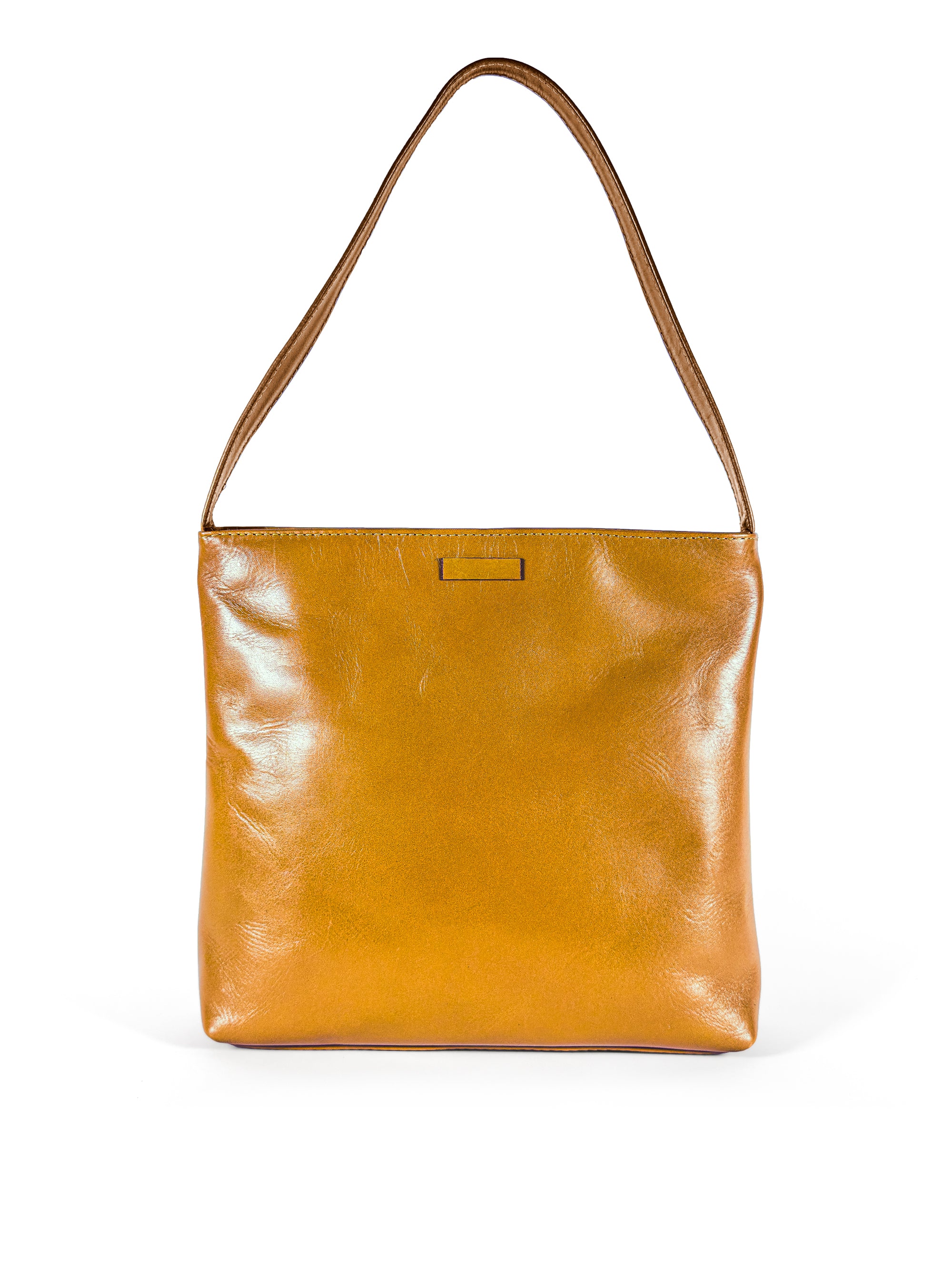 Medium polished tan leather handbag. Elegant muted lemon satin lining. Zipper closure. Front view. Upcycled, circular, sustainable.