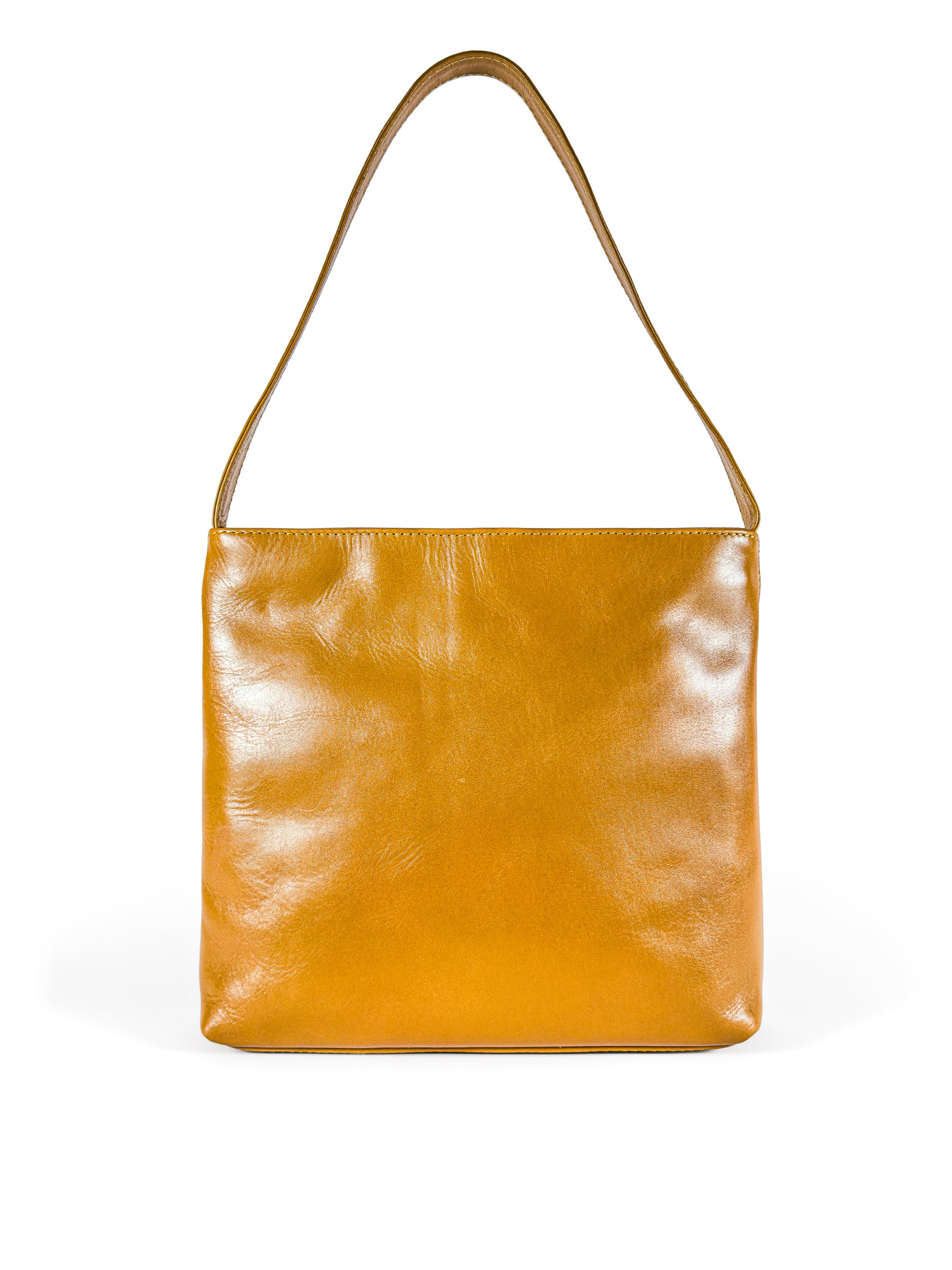 Medium polished tan leather handbag. Elegant muted lemon satin lining. Zipper closure. Back view. Upcycled, circular, sustainable.