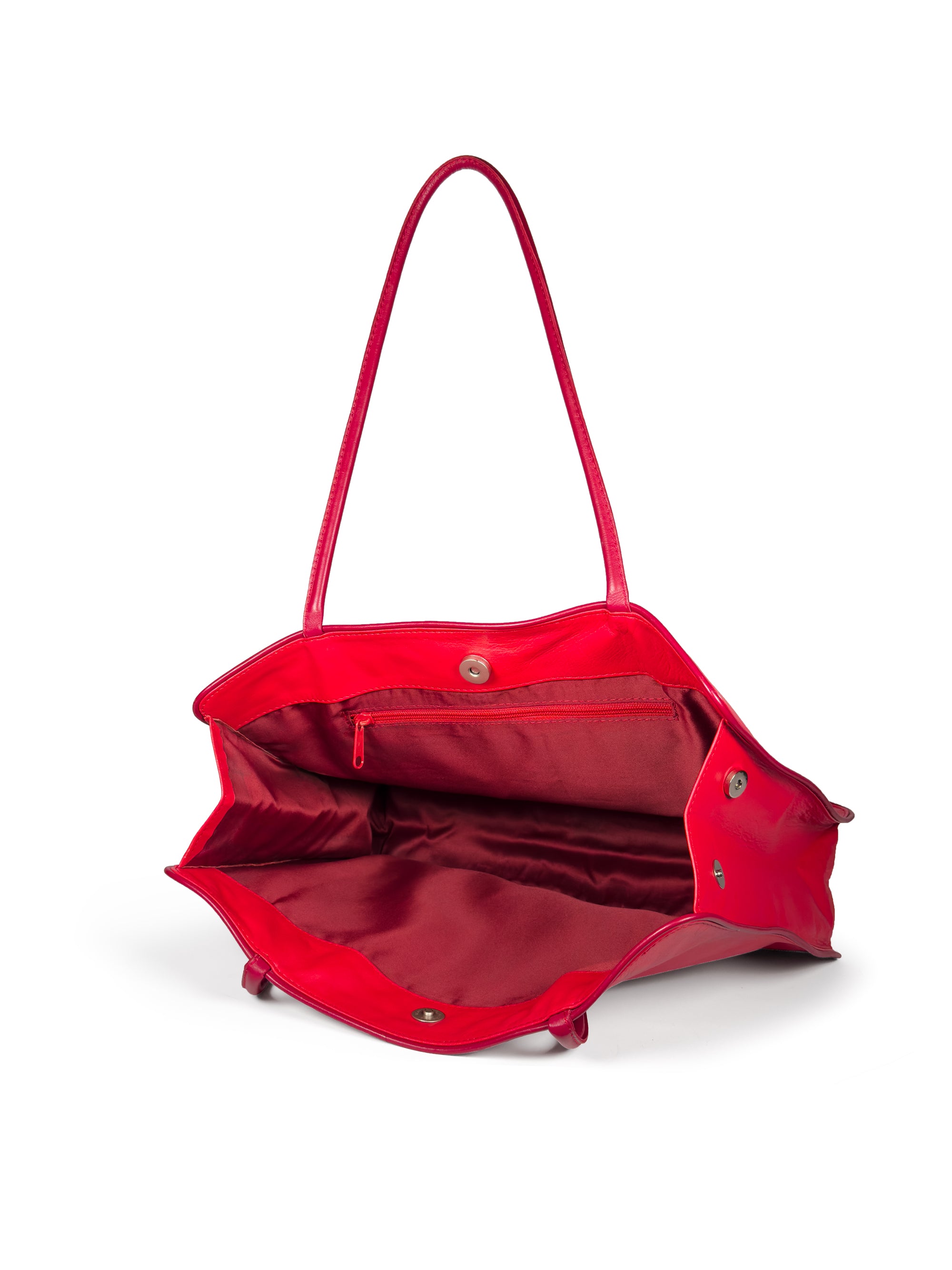 Large vivid red leather tote bag with deep red piping, xl pipe shoulder straps, lining and contrast stitches. Interior view 1. Upcycled, circular, sustainable.