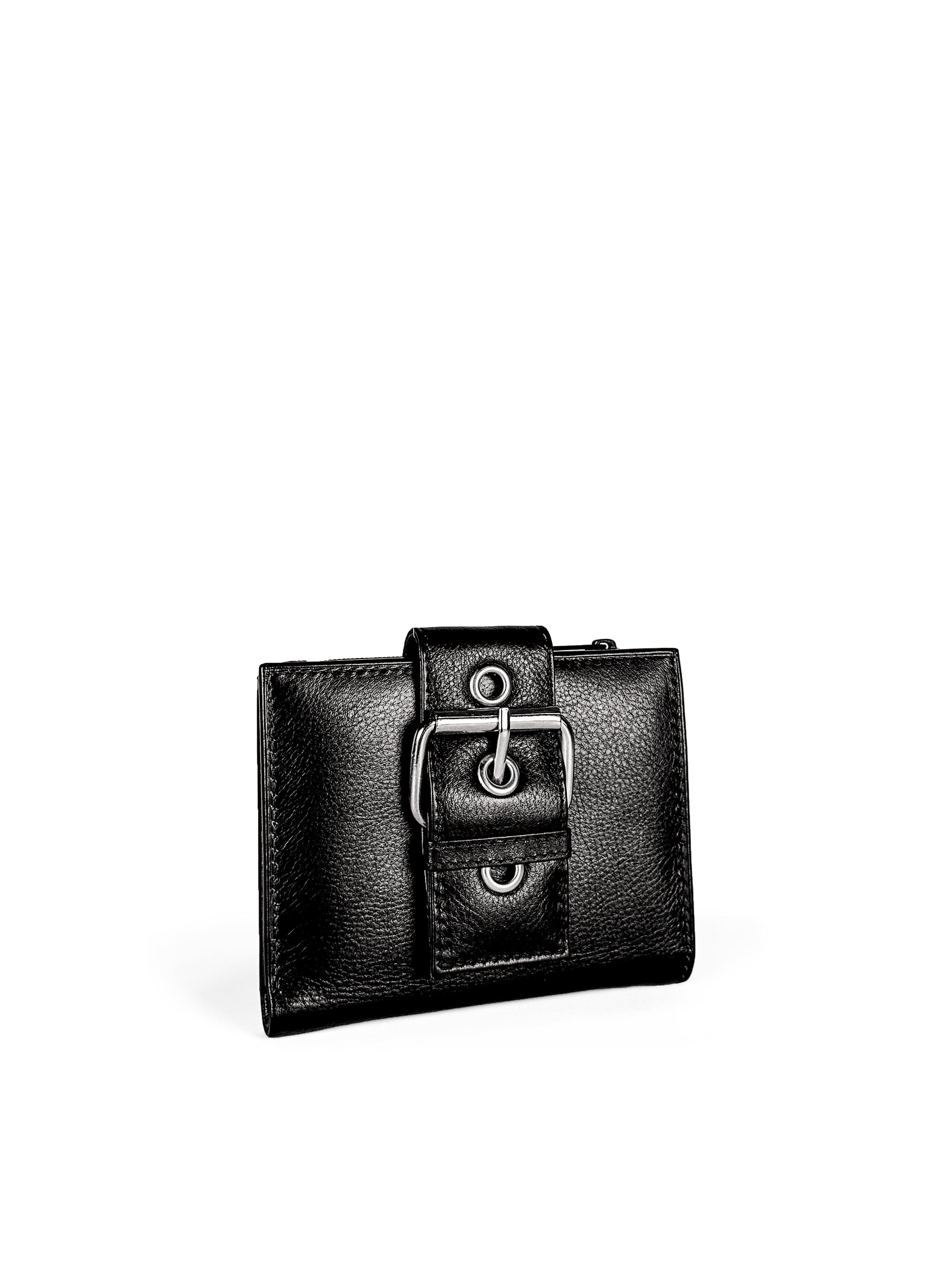 Small Wallet. Buttery pebbled black leather with nickel hardware. 1 magnet closure hidden under wide strap with buckle. 3/4 view. Upcycled, circular, sustainable.