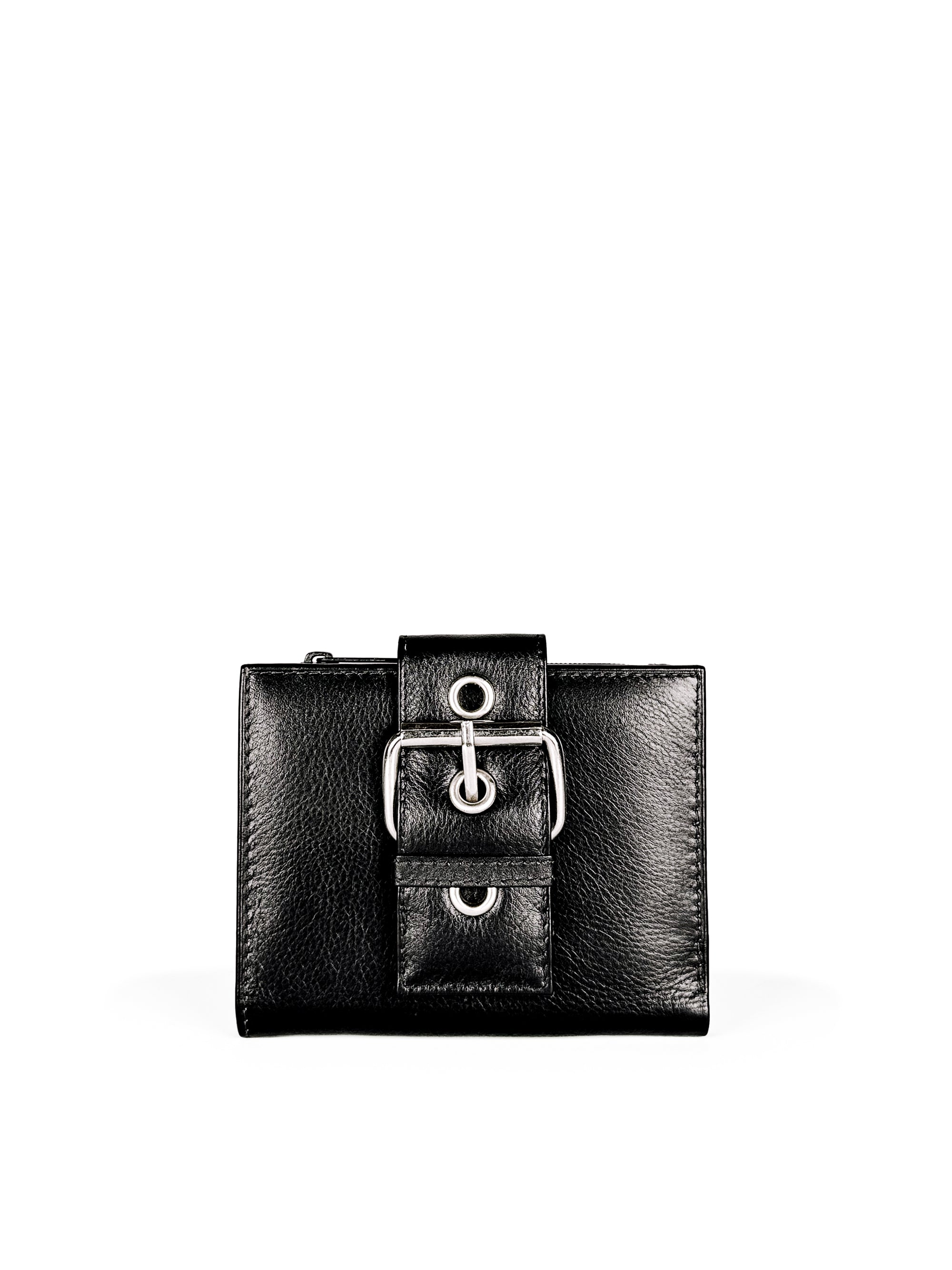 Small Wallet. Buttery pebbled black leather with nickel hardware. 1 magnet closure hidden under wide strap with buckle. Front view. Upcycled, circular, sustainable.