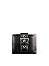 Small Wallet. Buttery pebbled black leather with nickel hardware. 1 magnet closure hidden under wide strap with buckle. Front view. Upcycled, circular, sustainable.