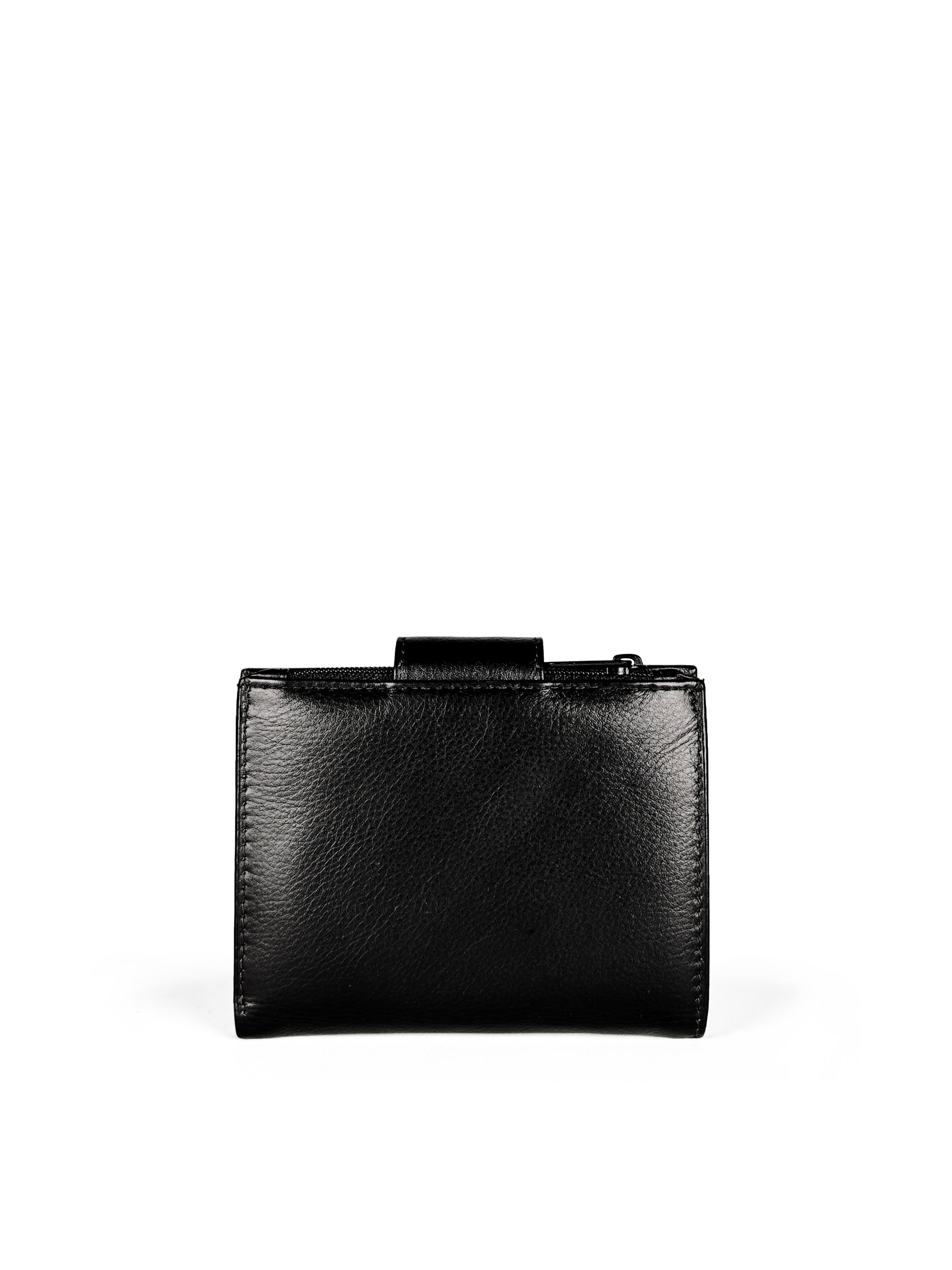 Small Wallet. Buttery pebbled black leather with nickel hardware. 1 magnet closure hidden under wide strap with buckle. Back view. Upcycled, circular, sustainable.