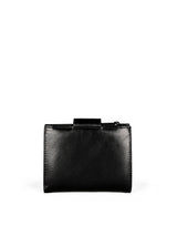 Small Wallet. Buttery pebbled black leather with nickel hardware. 1 magnet closure hidden under wide strap with buckle. Back view. Upcycled, circular, sustainable.