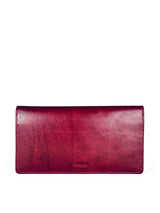 Long slim folding wallet in polished burgundy leather. Elegant muted pink satin lining. Hidden snap closure. Interior view. 8 card slots, three full length bill sleeves. Interior zip closure coin compartment. Upcycled, circular, sustainable. Front view.