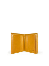 Polished tan leather mini wallet. Elegant muted lemon satin lining. Upcycled, circular, sustainable. Interior view 1.