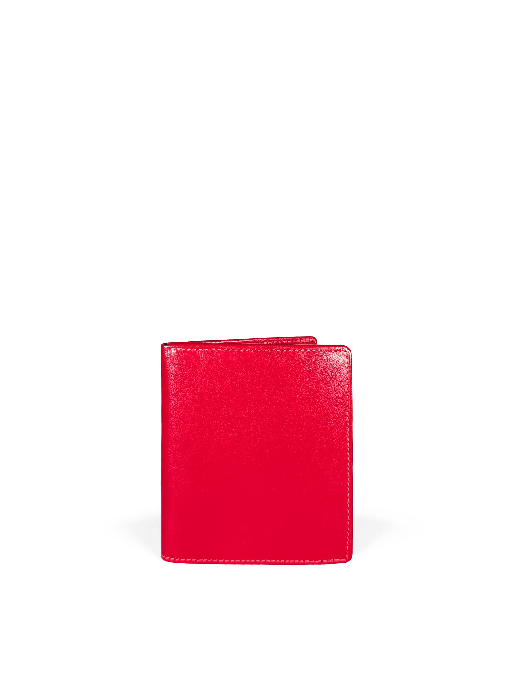 Vivid red leather mini wallet. Elegant grapefruit pink satin lining. Upcycled, circular, sustainable. Front view.