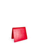 Vivid red leather mini wallet. Elegant grapefruit pink satin lining. Upcycled, circular, sustainable. 3/4 view 2.