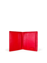 Vivid red leather mini wallet. Elegant grapefruit pink satin lining. Upcycled, circular, sustainable. Interior view.