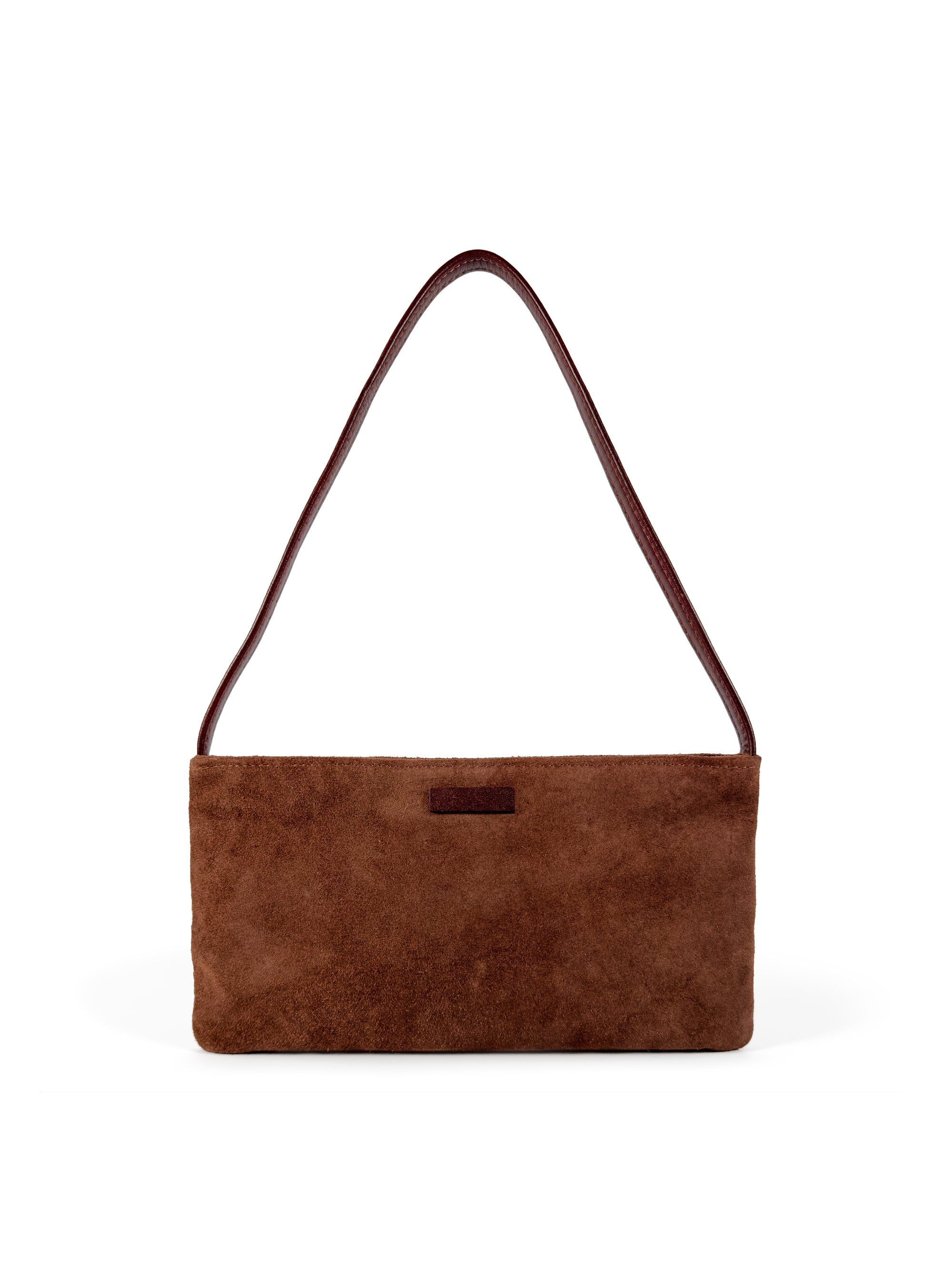 Small slim chestnut-brown suede luxury handbag. Polished brown leather shoulder strap. Elegant copper satin lining and contrast stitch accent. Sunken antiqued bronze metal zipper closure. Front view. Upcycled, circular, sustainable.