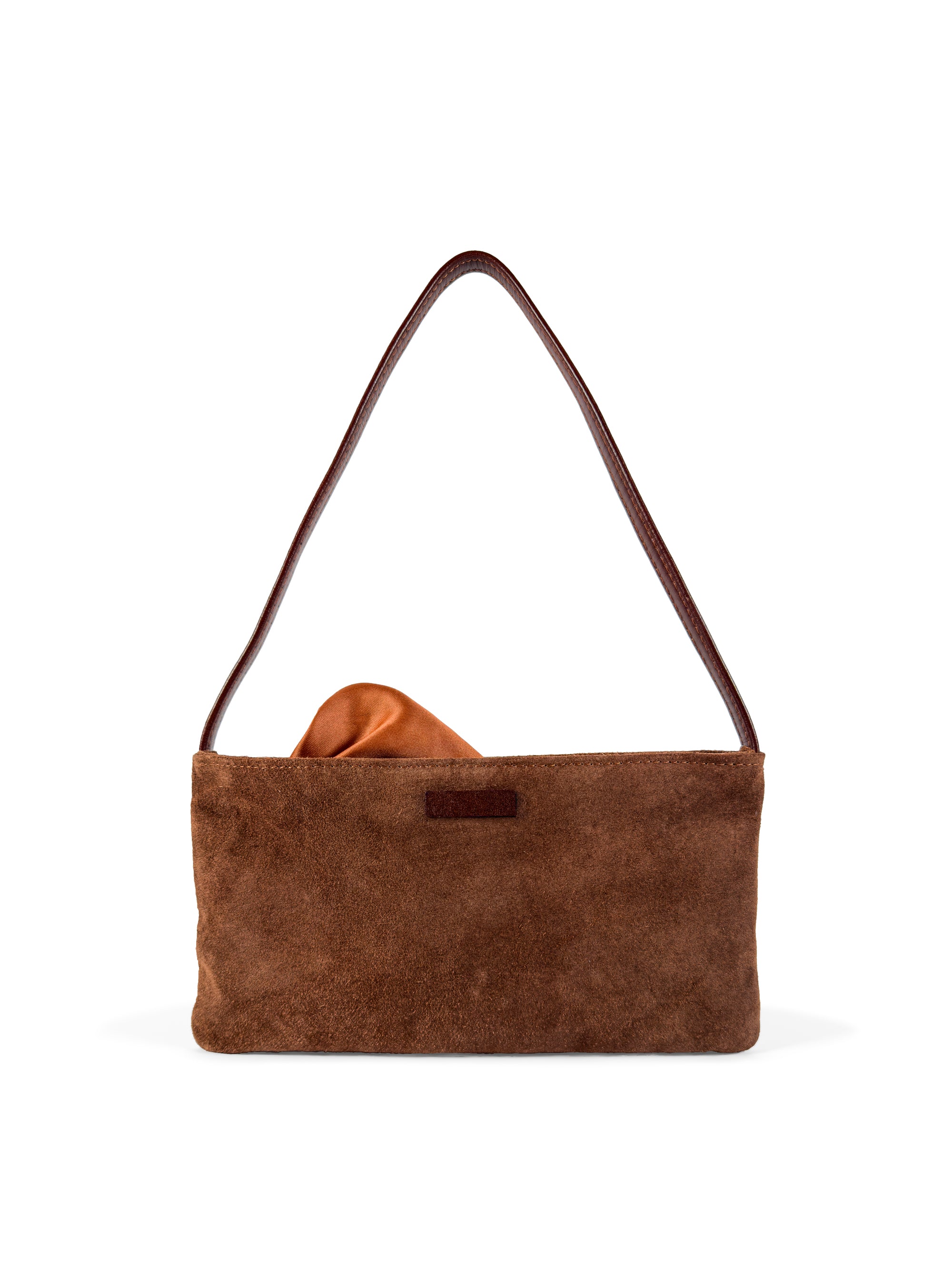 Small slim chestnut-brown suede luxury handbag. Polished brown leather shoulder strap. Elegant copper satin lining and contrast stitch accent. Sunken antiqued bronze metal zipper closure. Lining view. Upcycled, circular, sustainable.