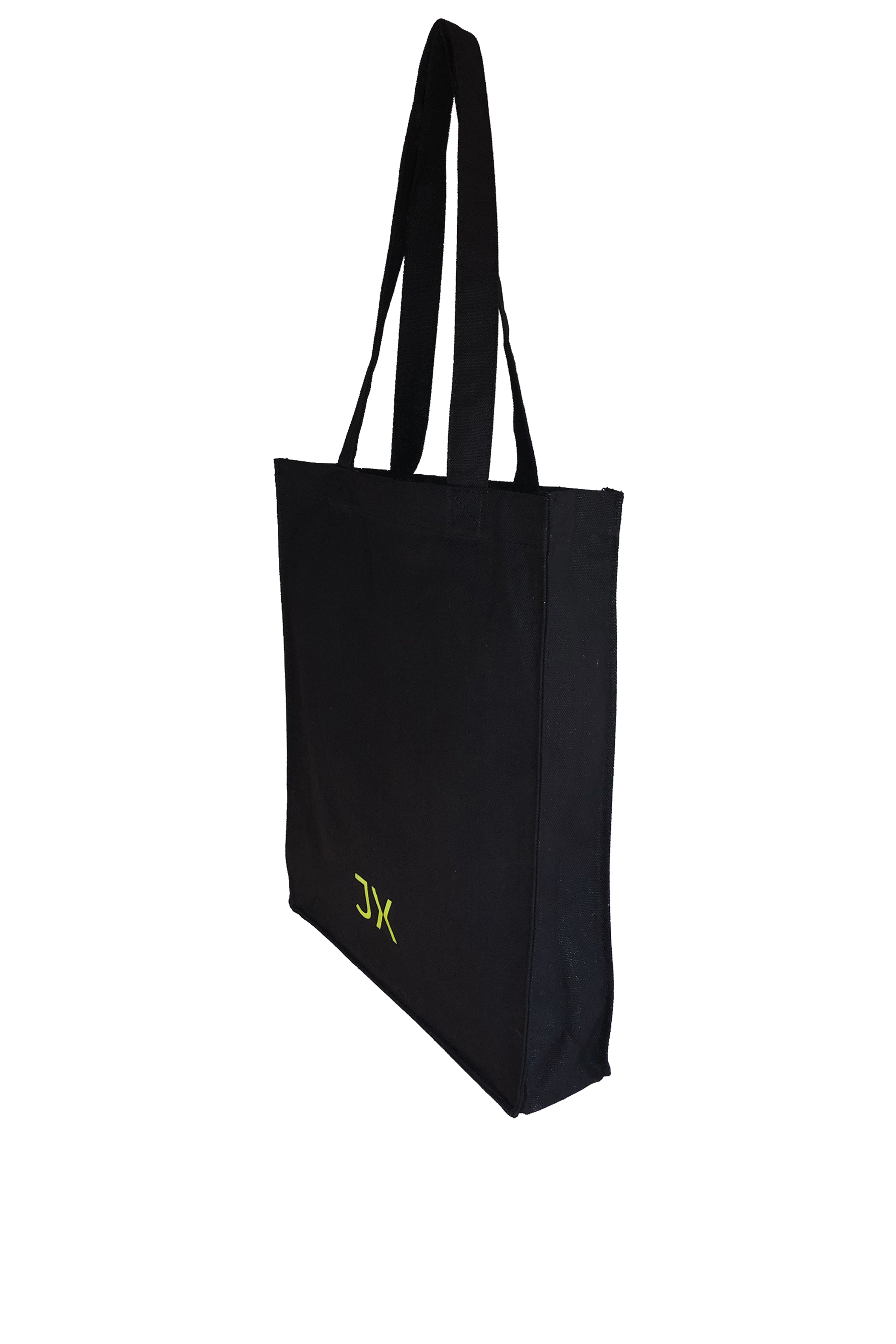 Small slim organic heavyweight canvas tote in black. Neon JX logo accent. 3/4 view. Sustainable.