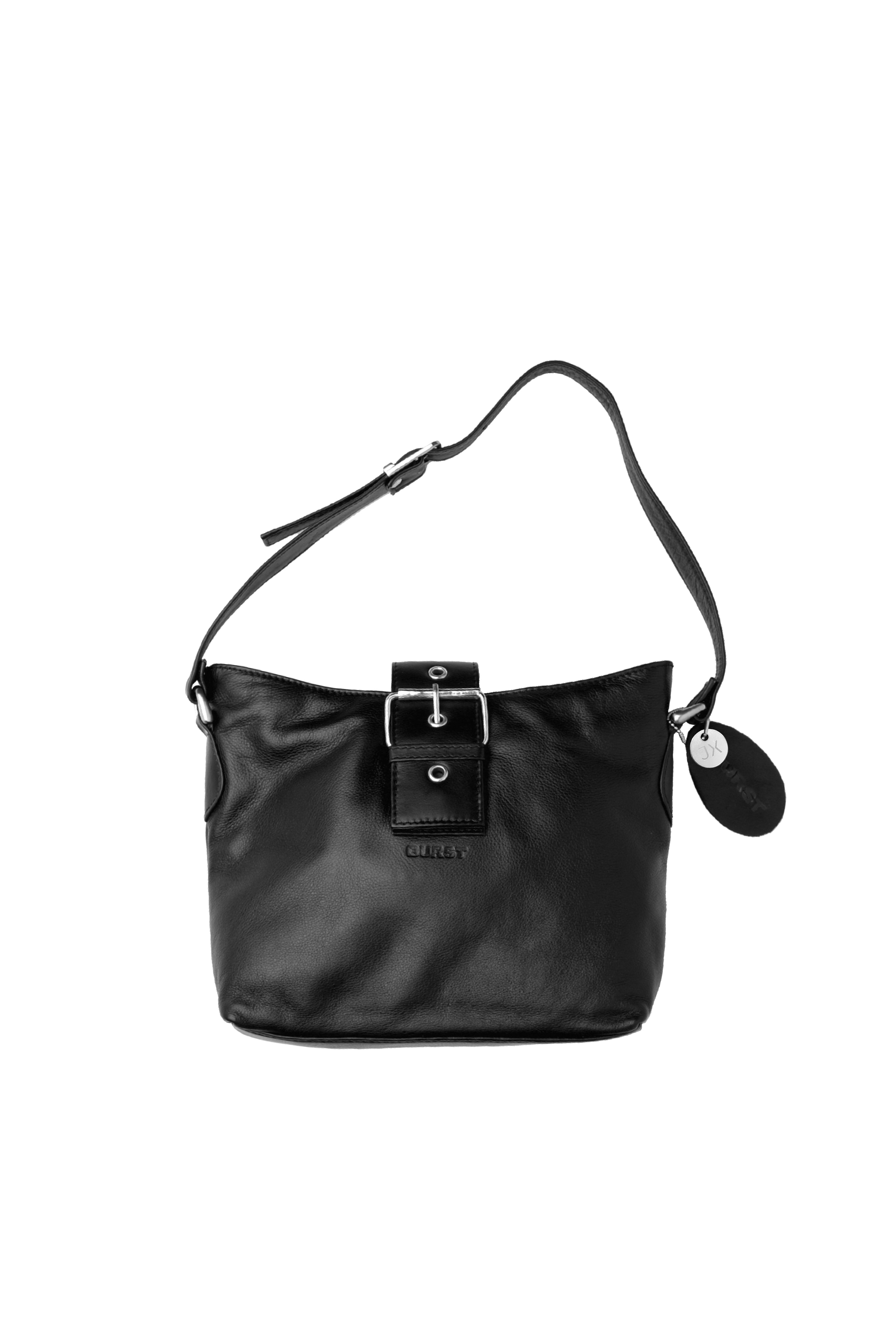 Medium handbag. Buttery pebbled black leather with nickel hardware. 1 magnet closure hidden under wide strap with buckle. Front view. Upcycled, circular, sustainable.