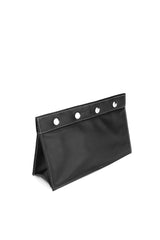 Subtle pebbled black leather toiletry bag with white accent stitches, 4 large silver snaps closure. Black nylon lining. 2 interior slip pockets and main compartment. Upcycled, circular, sustainable. Sharp 3/4 view.