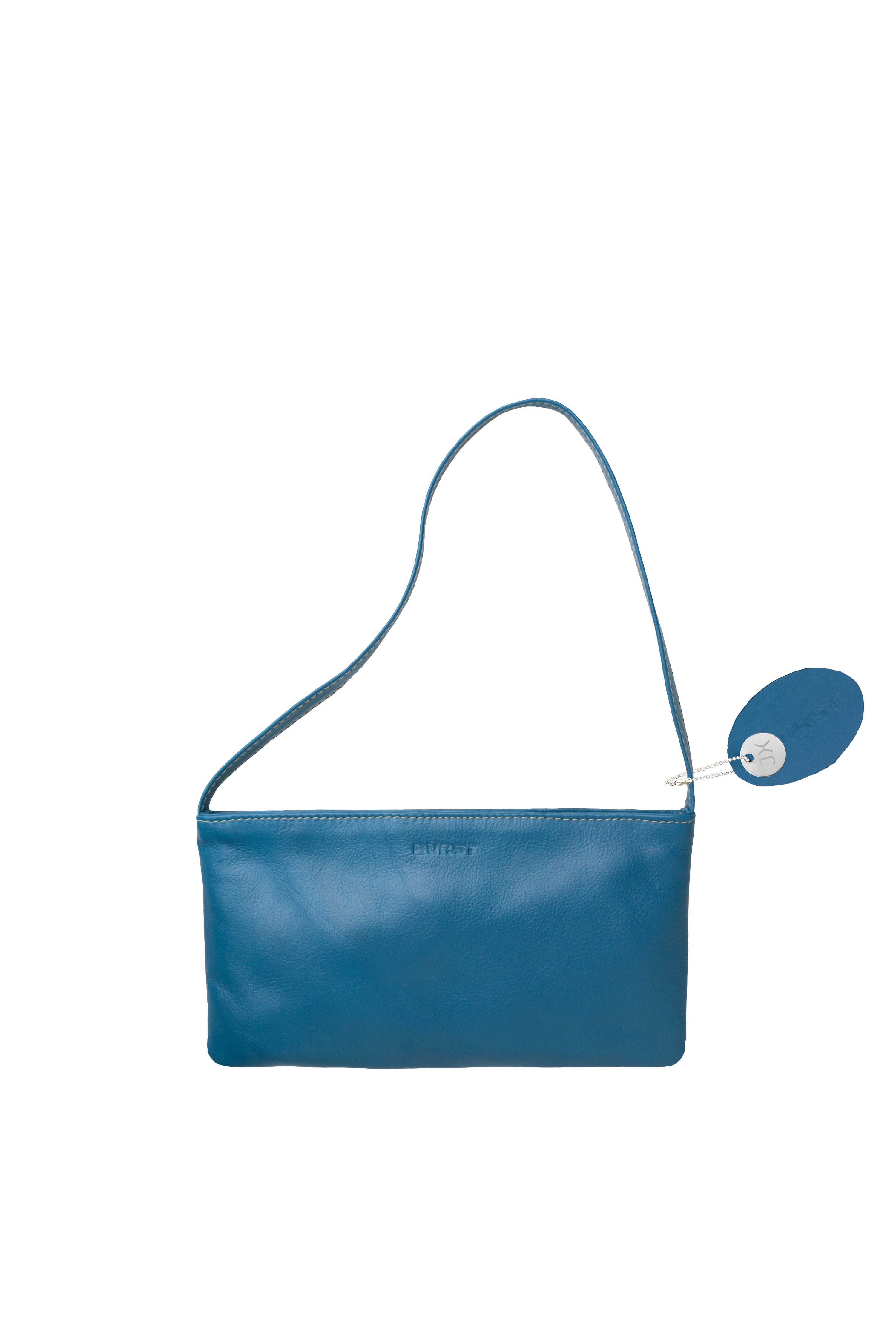 Small slim blue leather handbag. Elegant pale yellow satin lining and contrast stitch accent. Sunken zipper closure. Front view. Upcycled, circular, sustainable.