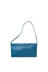Small slim blue leather handbag. Elegant pale yellow satin lining and contrast stitch accent. Sunken zipper closure. Front view. Upcycled, circular, sustainable.