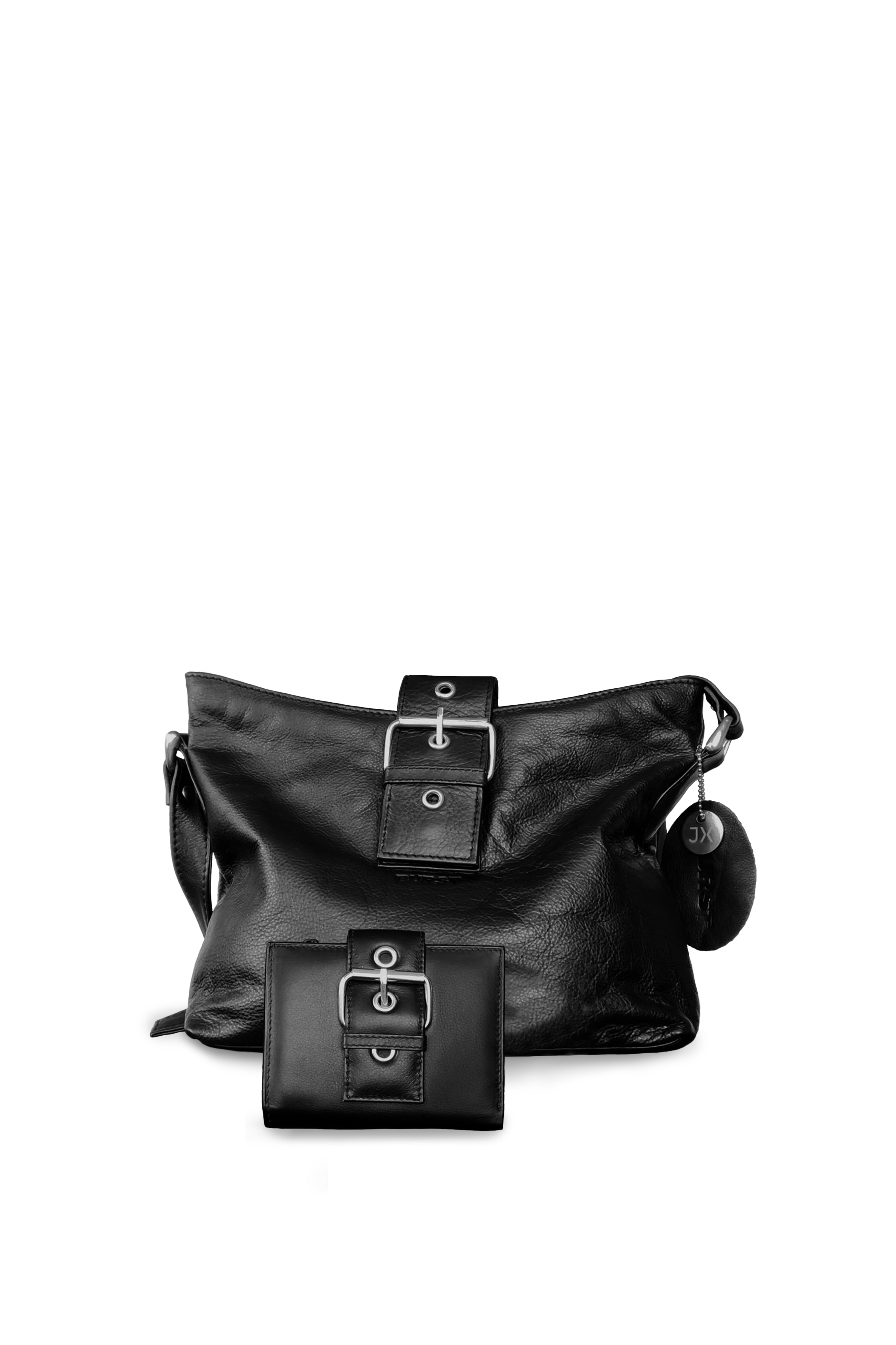 Accessories bundle deal. Medium handbag. Buttery pebbled black leather with nickel hardware. 1 magnet closure hidden under wide strap with buckle. Front view. Matching small folding wallet. Upcycled, circular, sustainable.