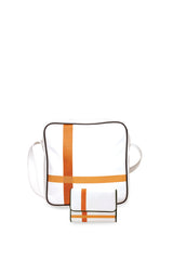 Accessories bundle deal. Square medium cross body bag, white coil zip closure, all white lightly distressed leather with two toned orange silkscreen off-center cross, black piping. Silver buckle on adjustable cross body strap. Companion medium sized wallet with flap snap closure. Upcycled, circular, sustainable. Front view.