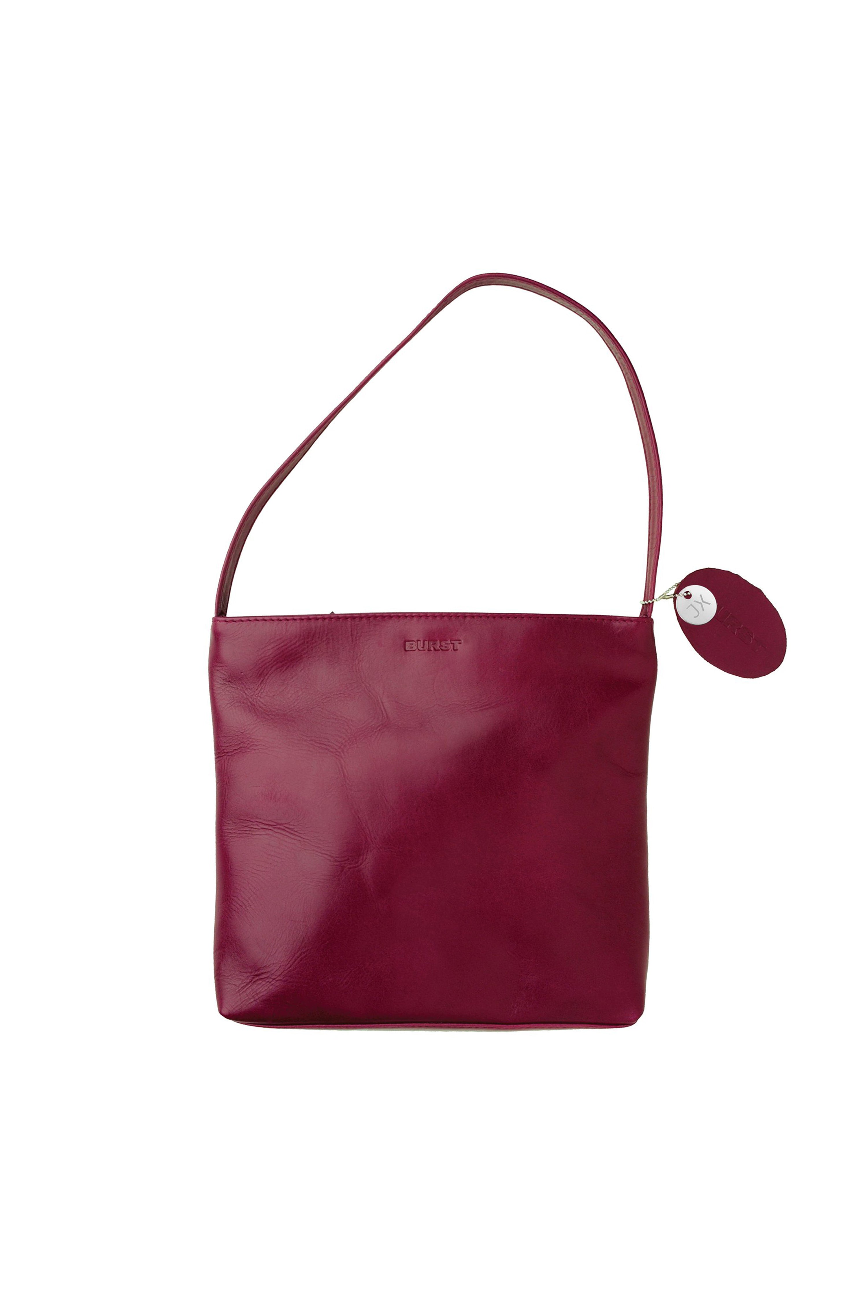 Medium polished burgundy leather handbag. Elegant muted pink satin lining. Zipper closure. Front view. Upcycled, circular, sustainable.