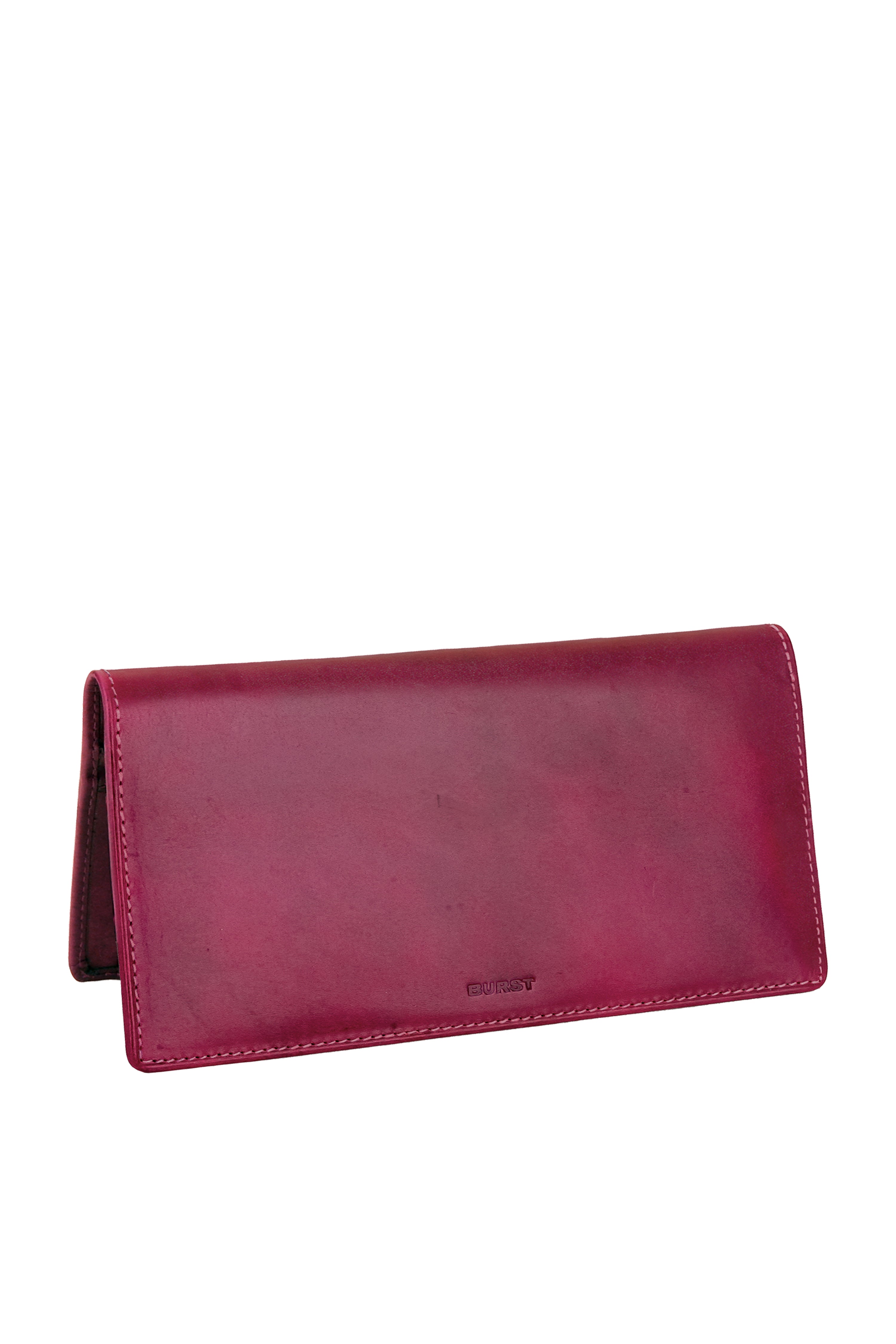 Long slim folding wallet in polished burgundy leather. Elegant muted pink satin lining. Hidden snap closure. 8 card slots, three full length bill sleeves. Interior zip closure coin compartment. 3/4 view. Upcycled, circular, sustainable. 3/4 view.