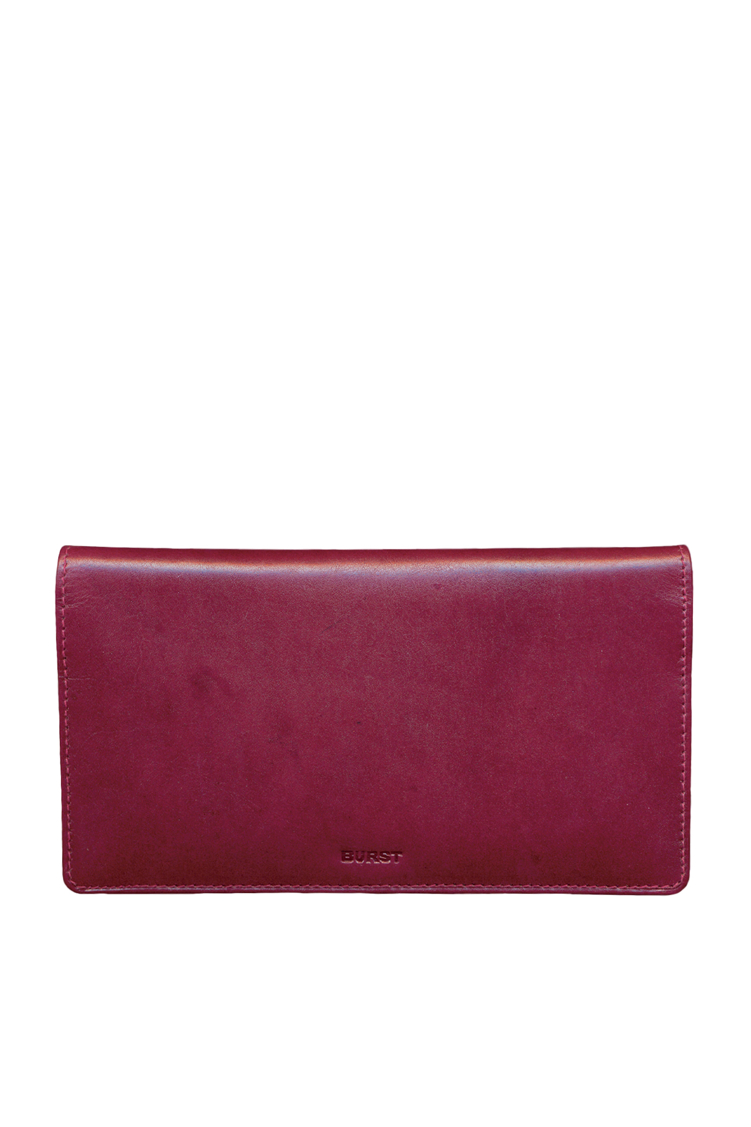 Long slim folding wallet in polished burgundy leather. Elegant muted pink satin lining. Hidden snap closure. 8 card slots, three full length bill sleeves. Interior zip closure coin compartment. Upcycled, circular, sustainable. Front view.