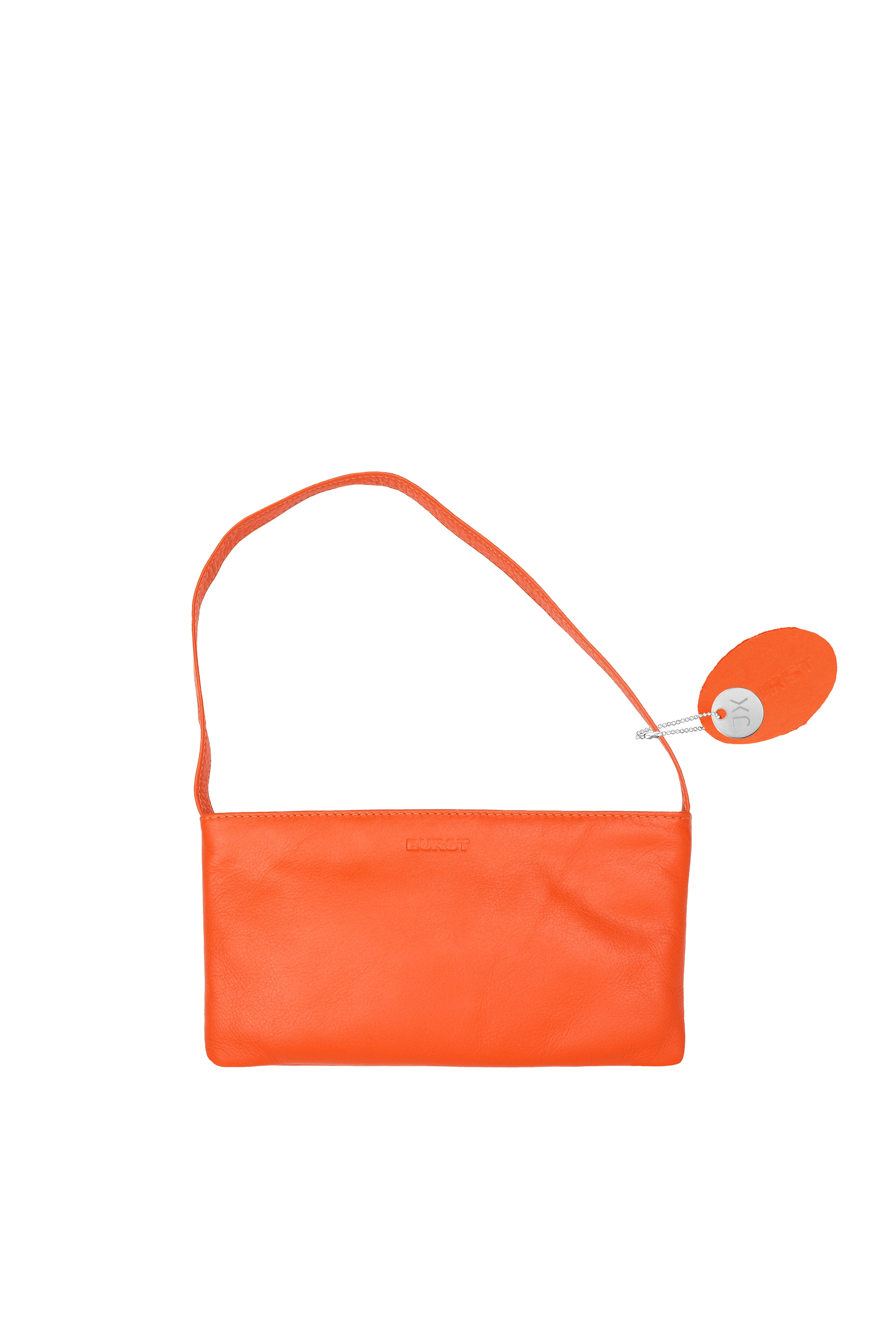 Small slim vivid orange leather handbag. Playful pale orange satin lining and contrast stitch accent. Sunken zipper closure. Front view. Upcycled, circular, sustainable.