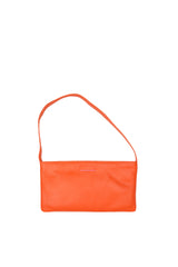 Small slim vivid orange leather handbag. Playful pale orange satin lining and contrast stitch accent. Sunken zipper closure. Front view. Upcycled, circular, sustainable.