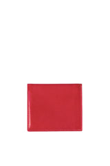 Vivid red leather mini wallet. Elegant grapefruit pink satin lining. Upcycled, circular, sustainable. Front view.