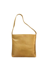 Medium polished tan leather handbag. Elegant muted lemon satin lining. Zipper closure. Front view. Upcycled, circular, sustainable.