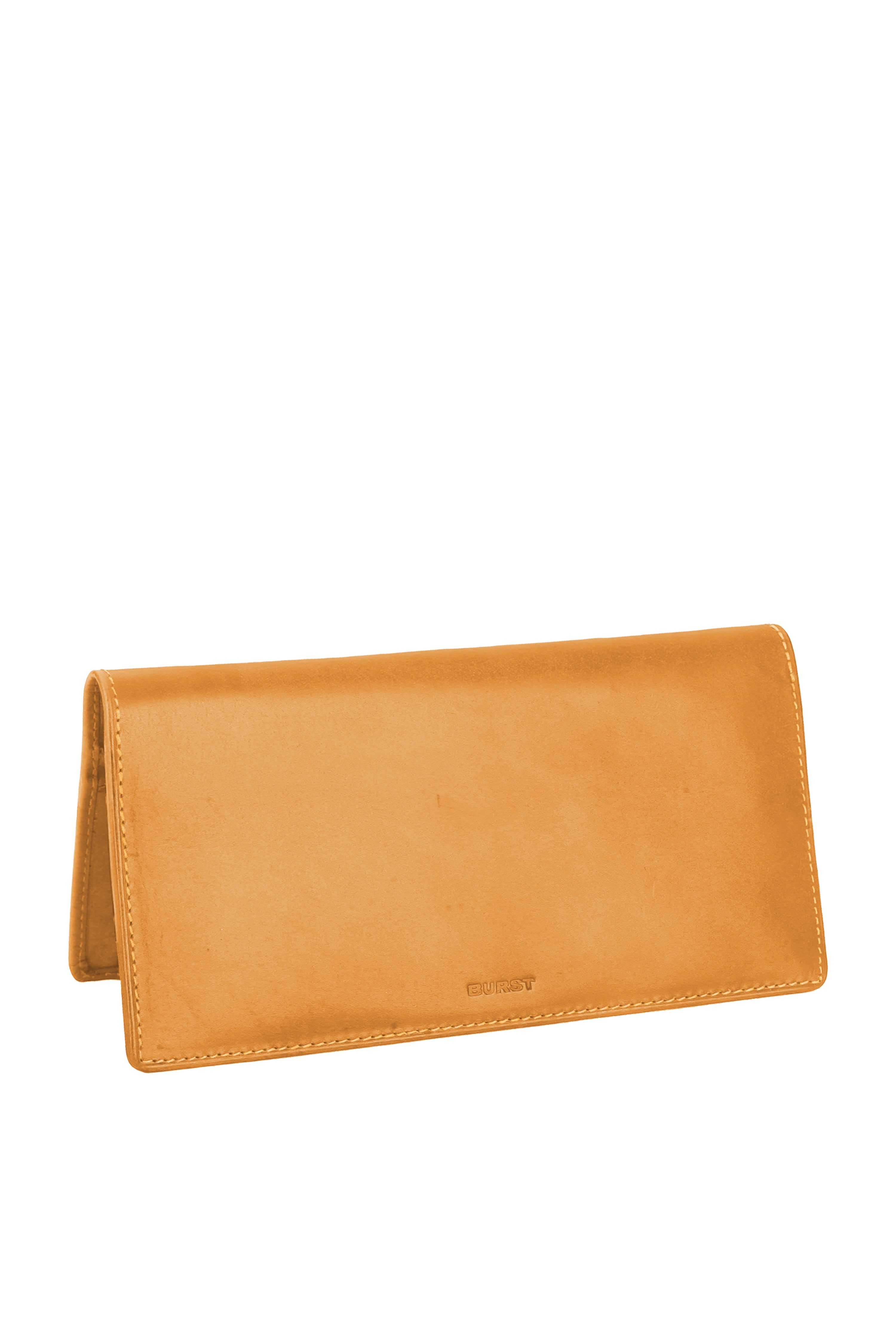 Long slim folding wallet with snap close. Polished rich tan colored leather with pale creamy orange lining and stitch accents. 8 card slots, three full length bill sleeves. Interior zip closure coin compartment. Upcycled, circular, sustainable. 3/4 view.