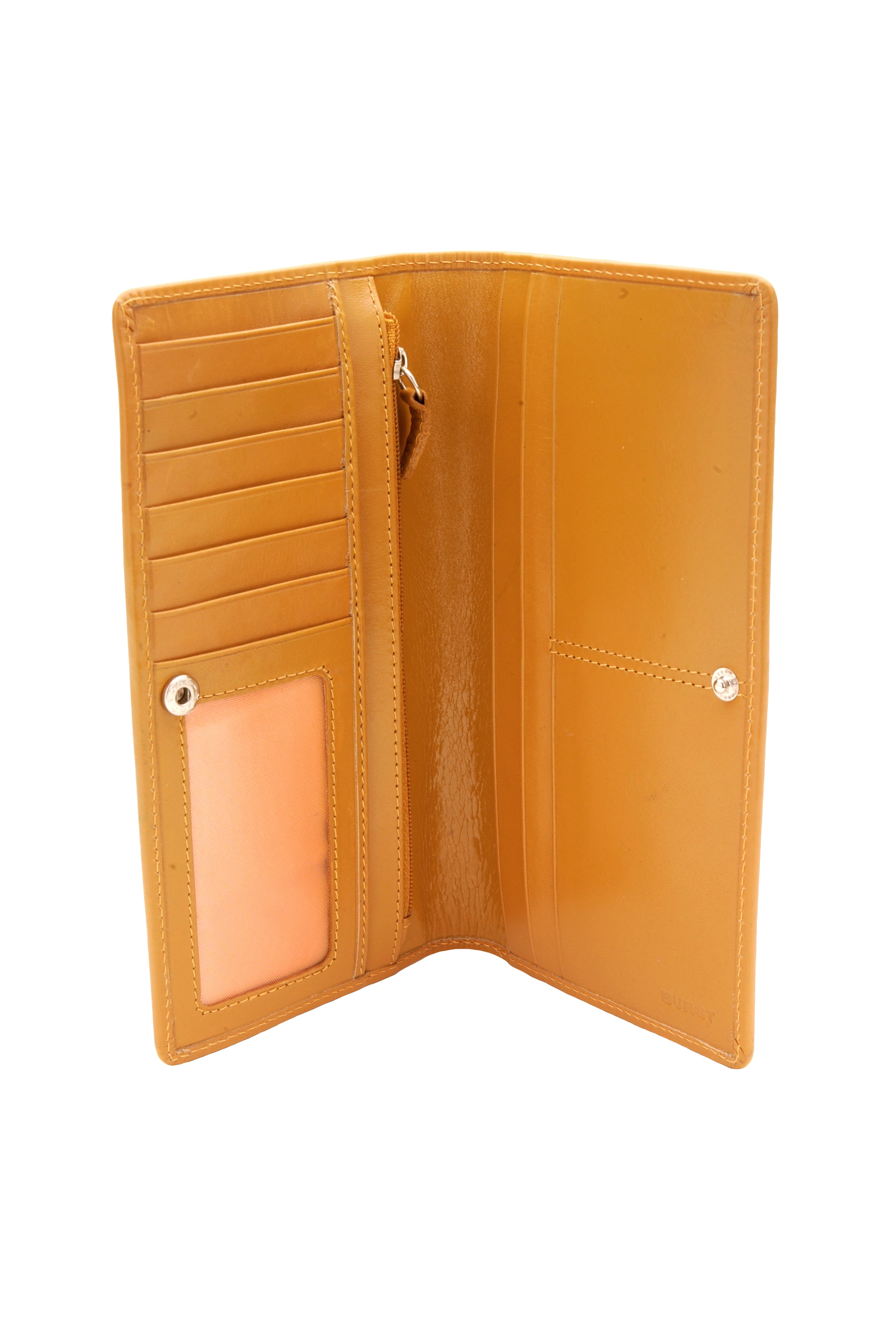 Long slim folding wallet with snap close. Polished rich tan colored leather with pale creamy orange lining and stitch accents. 8 card slots, three full length bill sleeves. Interior zip closure coin compartment. Upcycled, circular, sustainable. Interior view.