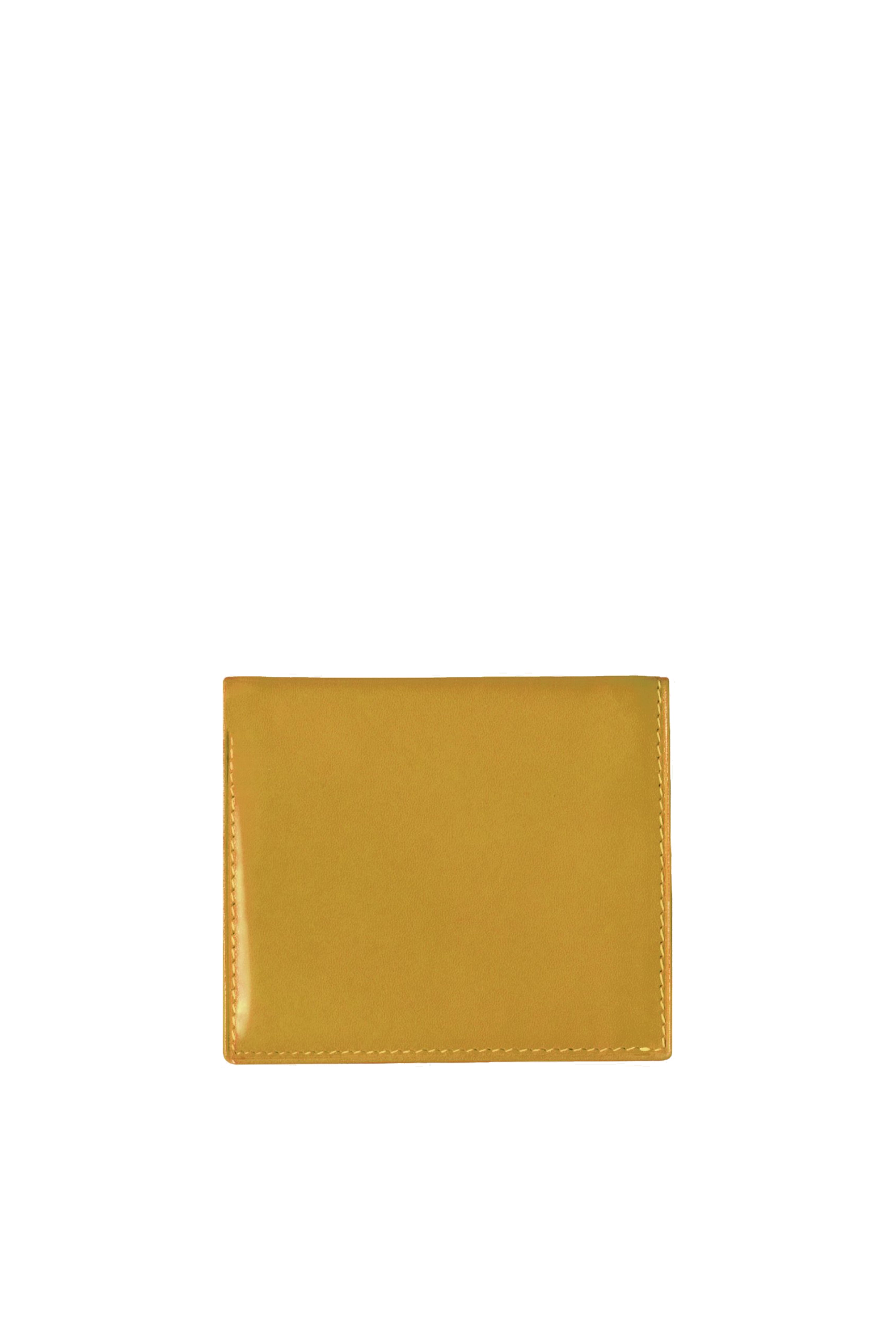 Polished tan leather mini wallet. Elegant muted lemon satin lining. Upcycled, circular, sustainable. Front view.