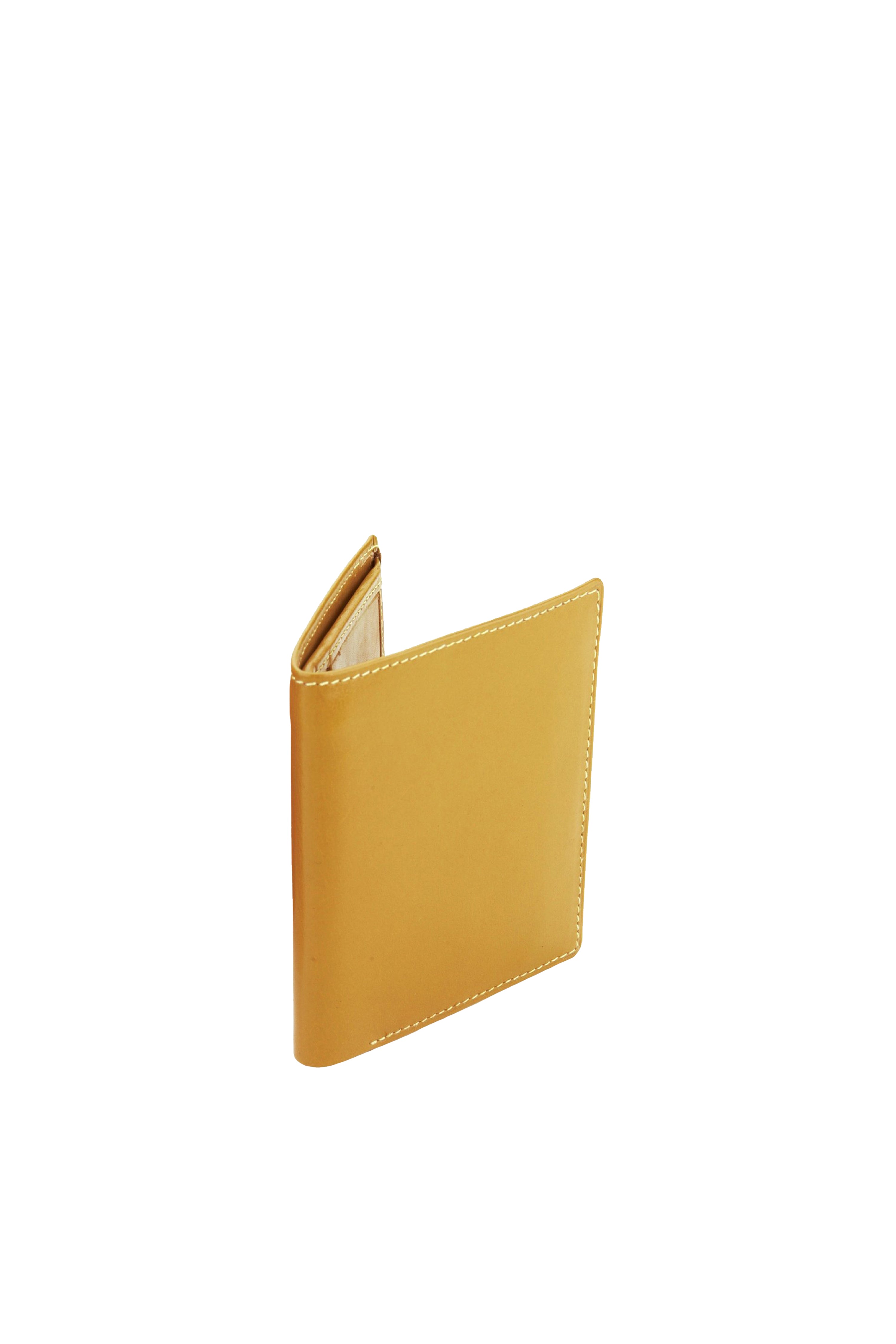 Polished tan leather mini wallet. Elegant muted lemon satin lining. Upcycled, circular, sustainable. Spine view.