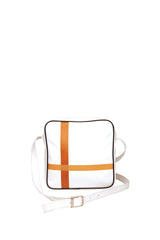 Square medium cross body bag, white coil zip closure, all white lightly distressed leather with two toned orange silkscreen off-center cross, black piping. Silver buckle on adjustable cross body strap. Upcycled, circular, sustainable. Front view.