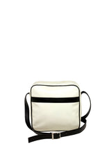 Square medium cross body bag. Cream colored leather with black leather accent stripe on front panel and black piping. Lightweight black cotton lining. Silver buckle on adjustable black leather cross body strap. Slip pocket on back panel. Upcycled, circular, sustainable. Front view.