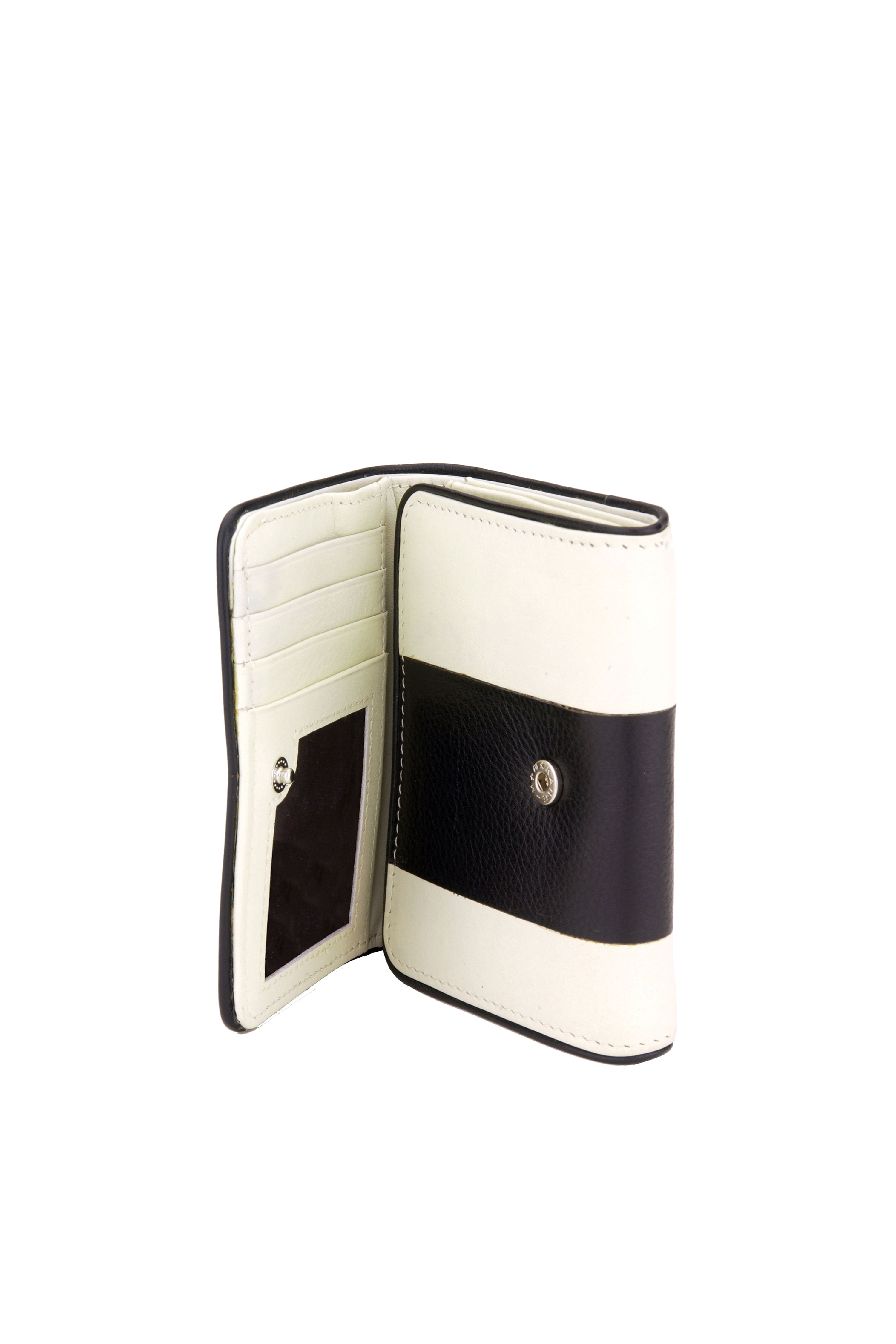 Medium sized wallet. Cream colored leather with inlaid thick black leather stripe. Black leather piping. Flap close & hidden snap. Upcycled, circular, sustainable. Interior view.