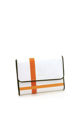 Distressed white leather medium sized wallet. Flap close & hidden snap. Two toned orange off-center silkscreen cross accent.  Upcycled, circular, sustainable. Front view.