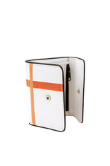 Distressed white leather medium sized wallet. Flap close & hidden snap. Two toned orange off-center silkscreen cross accent.  Upcycled, circular, sustainable. Interior view 1.