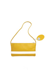 Small slim yellow leather handbag with white leather stripe accent. Vivid yellow satin lining. White zipper closure. Front view. Upcycled, circular, sustainable.