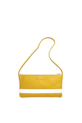 Small slim yellow leather handbag with white leather stripe accent. Vivid yellow satin lining. White zipper closure. Front view. Upcycled, circular, sustainable.